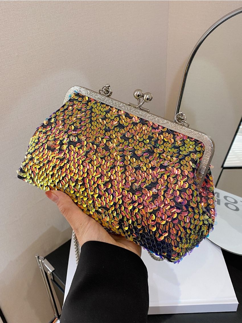 Sequin Decor Square Bag Kiss Lock For Party