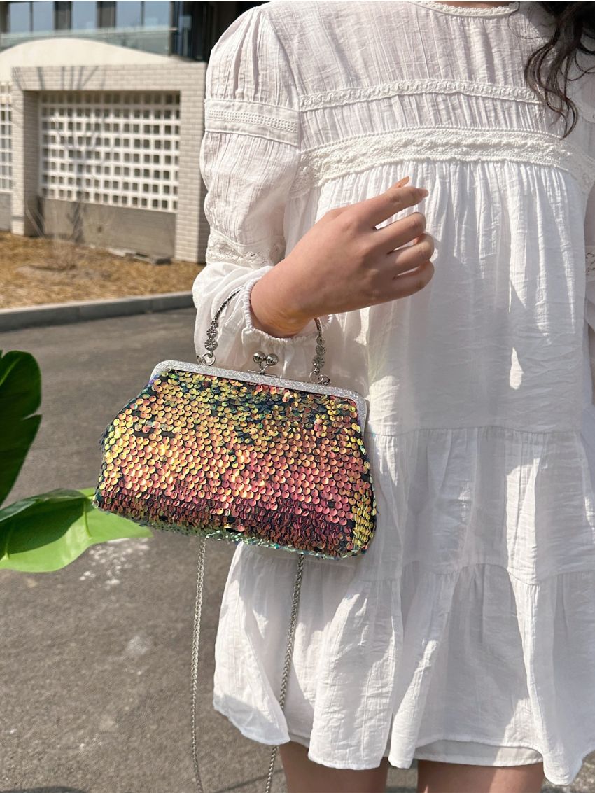 Sequin Decor Square Bag Kiss Lock For Party