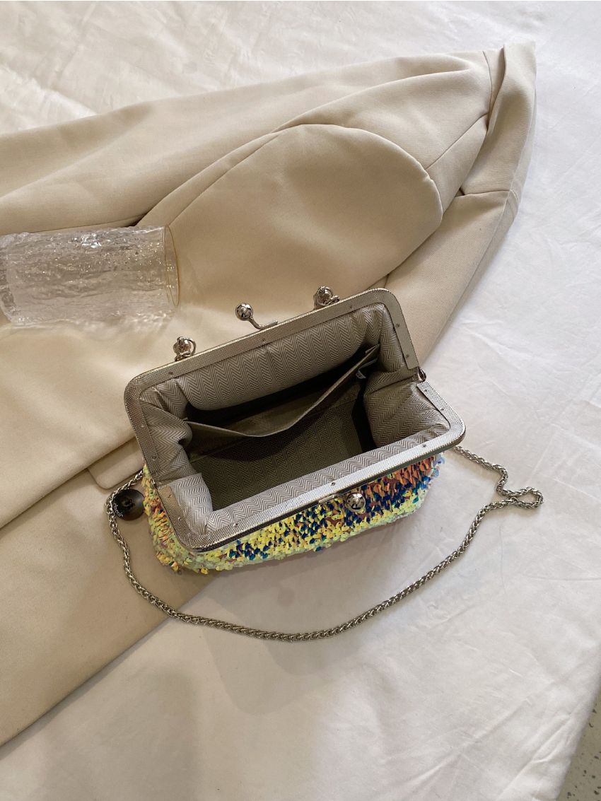 Sequin Decor Square Bag Kiss Lock For Party