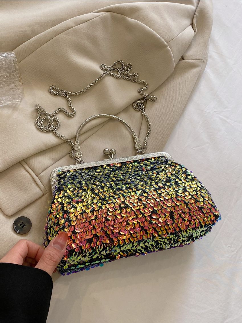 Sequin Decor Square Bag Kiss Lock For Party
