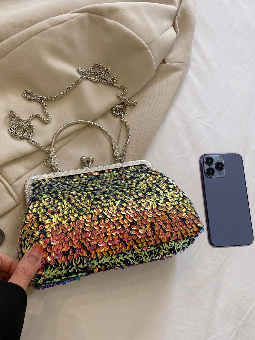 Sequin Decor Square Bag Kiss Lock For Party