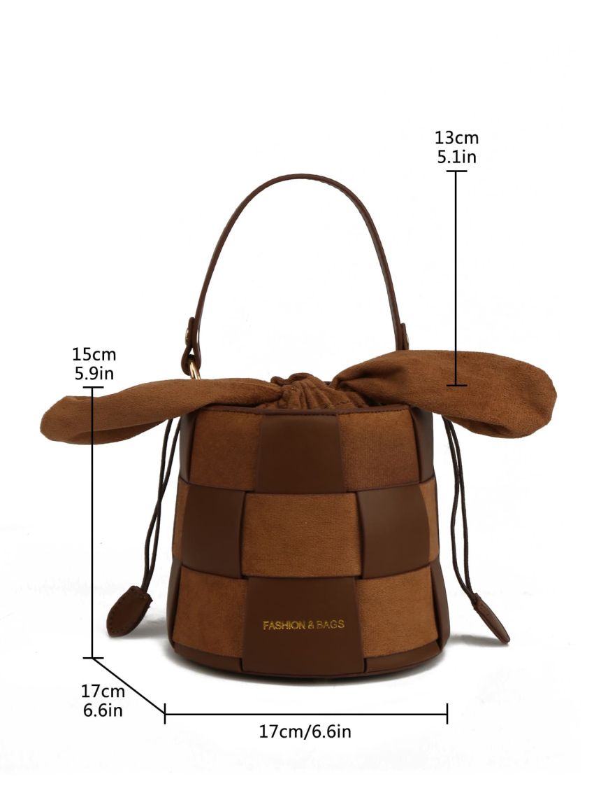 Mini Bucket Bag Letter Pattern Colorblock Drawstring Braided Design