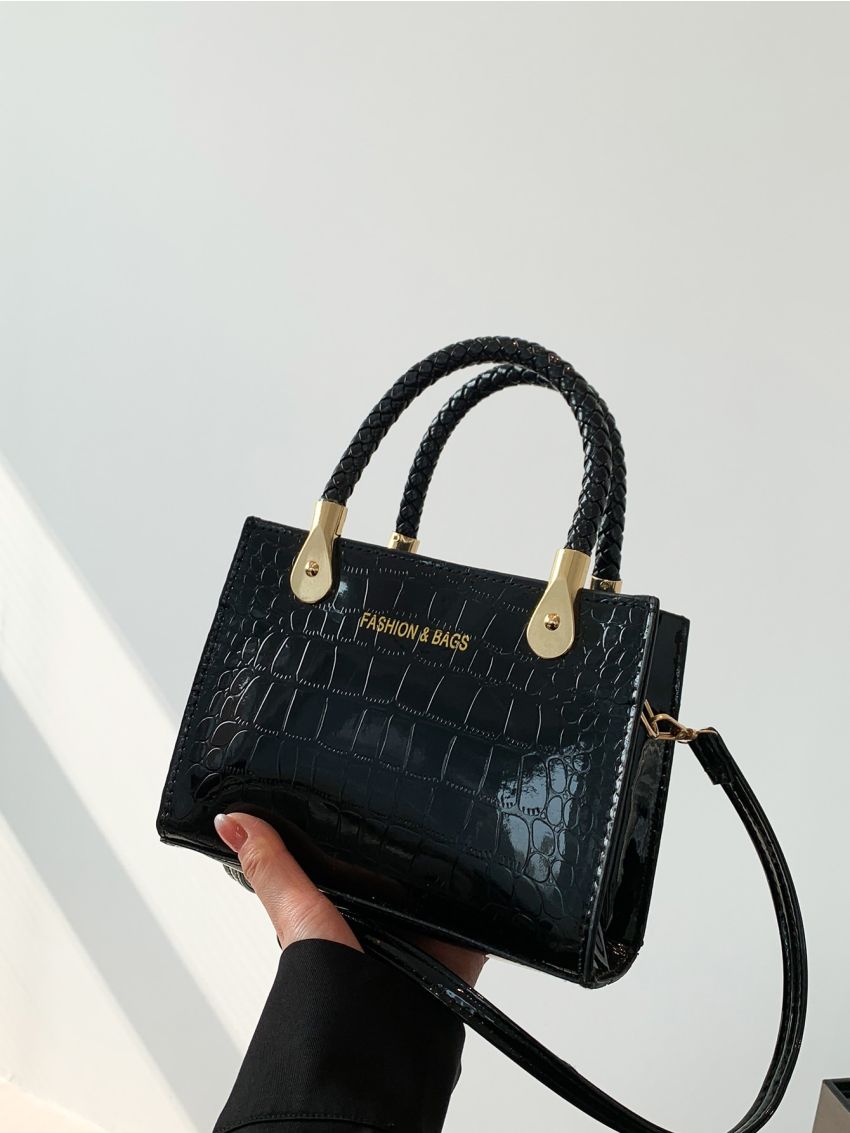 Letter Graphic Square Bag Double Handle Small Black