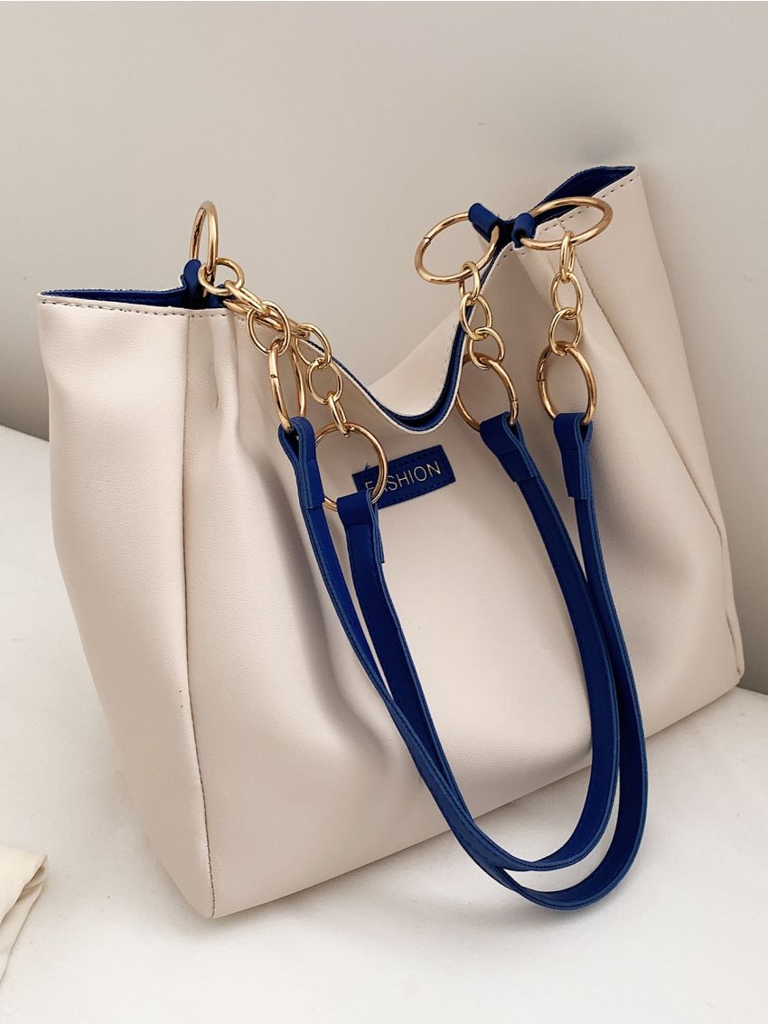 Letter Patch Chain Shoulder Tote Bag Fashion