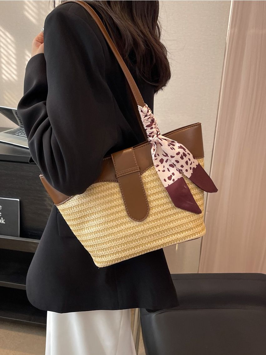 Twilly Scarf Decor Straw Bag Fashion Double Handle
