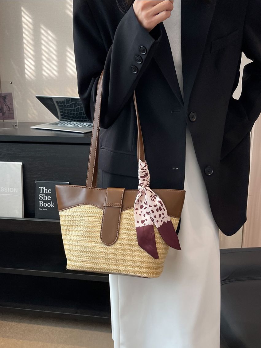 Twilly Scarf Decor Straw Bag Fashion Double Handle