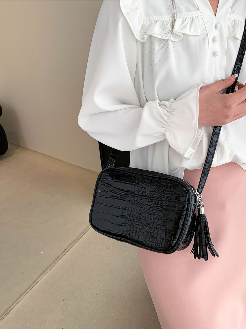 Crocodile Embossed Square Bag Tassel Decor Fashion Black