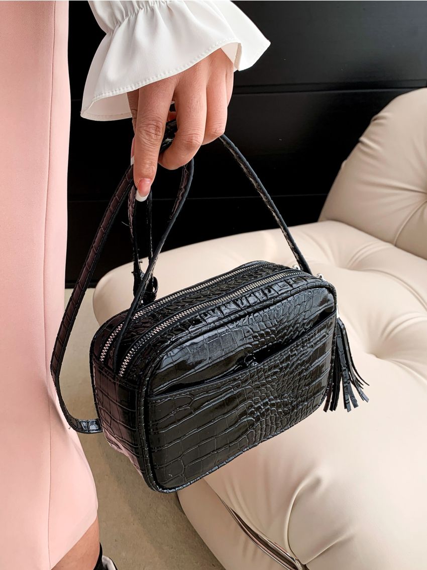 Crocodile Embossed Square Bag Tassel Decor Fashion Black