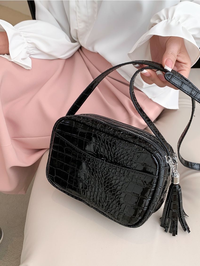 Crocodile Embossed Square Bag Tassel Decor Fashion Black