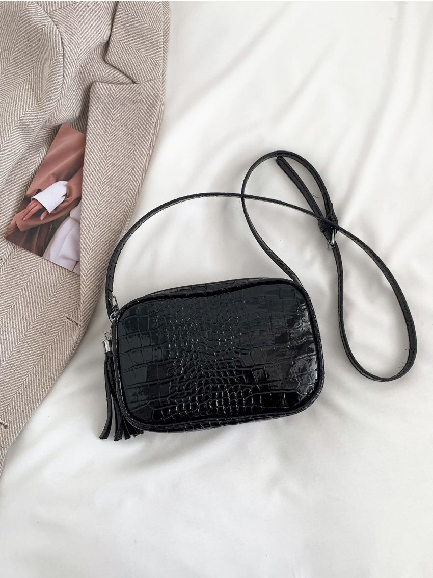 Crocodile Embossed Square Bag Tassel Decor Fashion Black