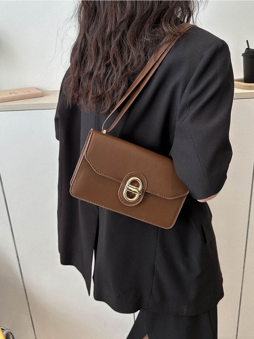 Small Flap Square Bag Brown Plain Turn-Lock Fashionable For Daily Work School