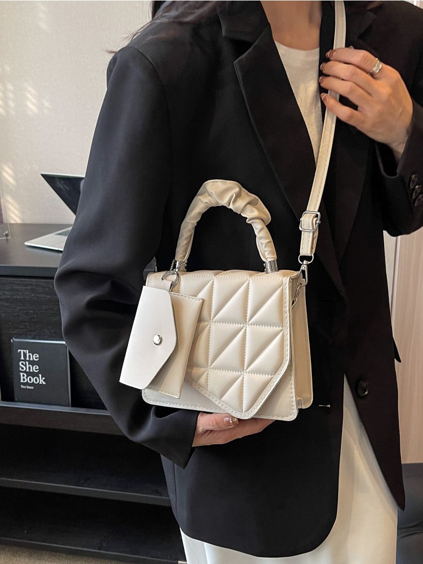 Quilted Square Bag With Coin Purse Ruched Handle Beige