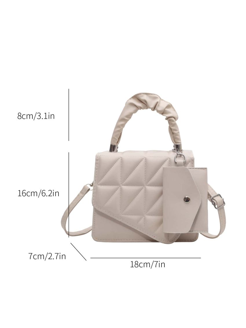 Quilted Square Bag With Coin Purse Ruched Handle Beige