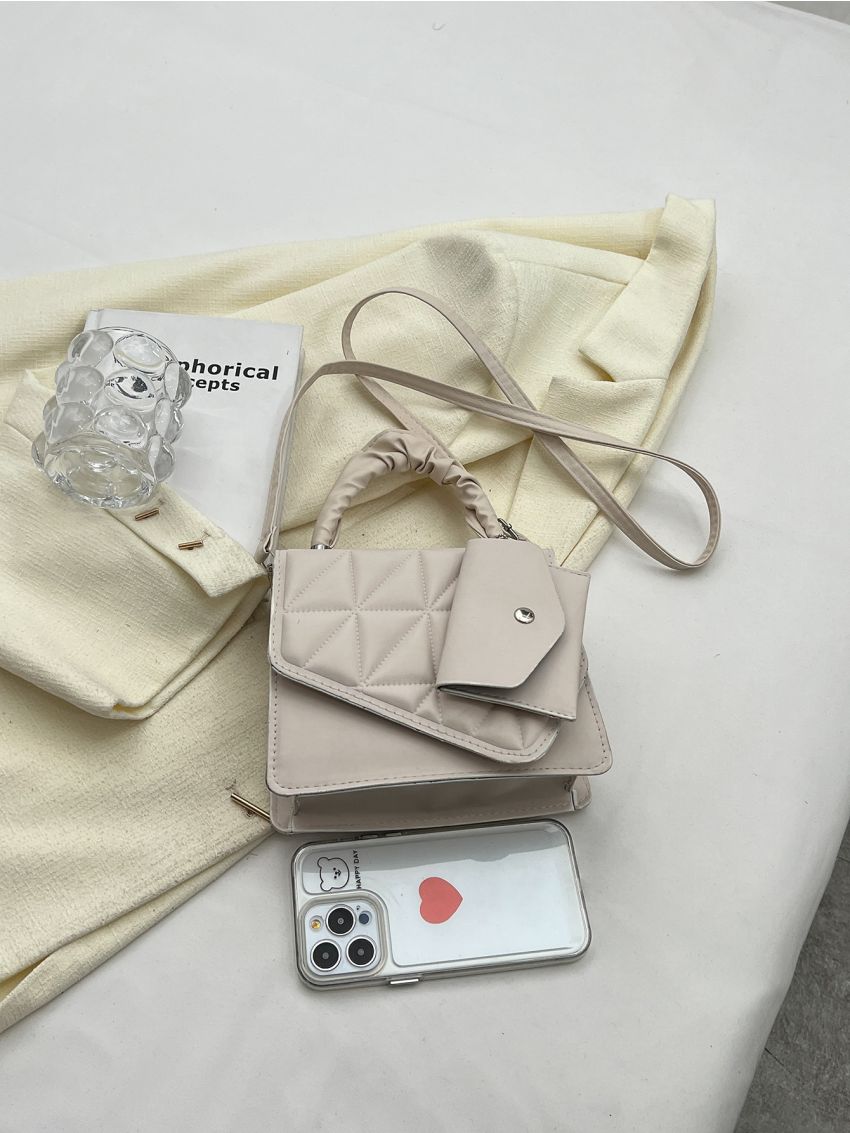 Quilted Square Bag With Coin Purse Ruched Handle Beige