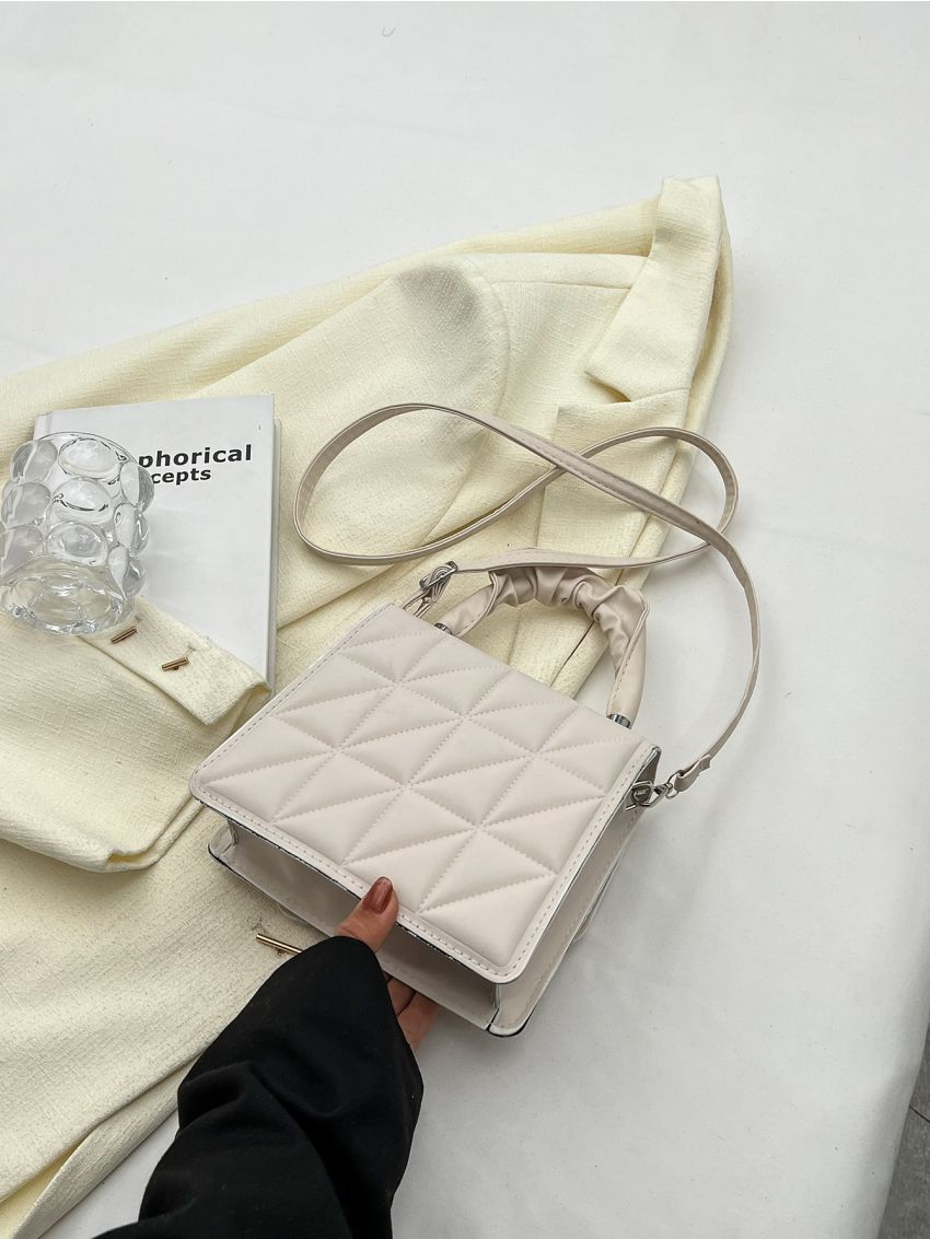 Quilted Square Bag With Coin Purse Ruched Handle Beige