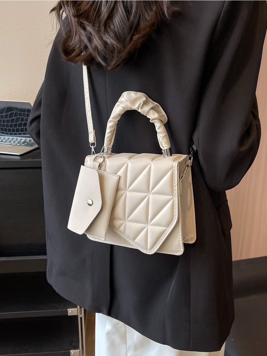 Quilted Square Bag With Coin Purse Ruched Handle Beige