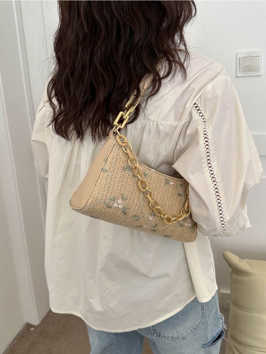 Floral Embroidered Straw Bag Vacation Chain Decor Zipper For Summer