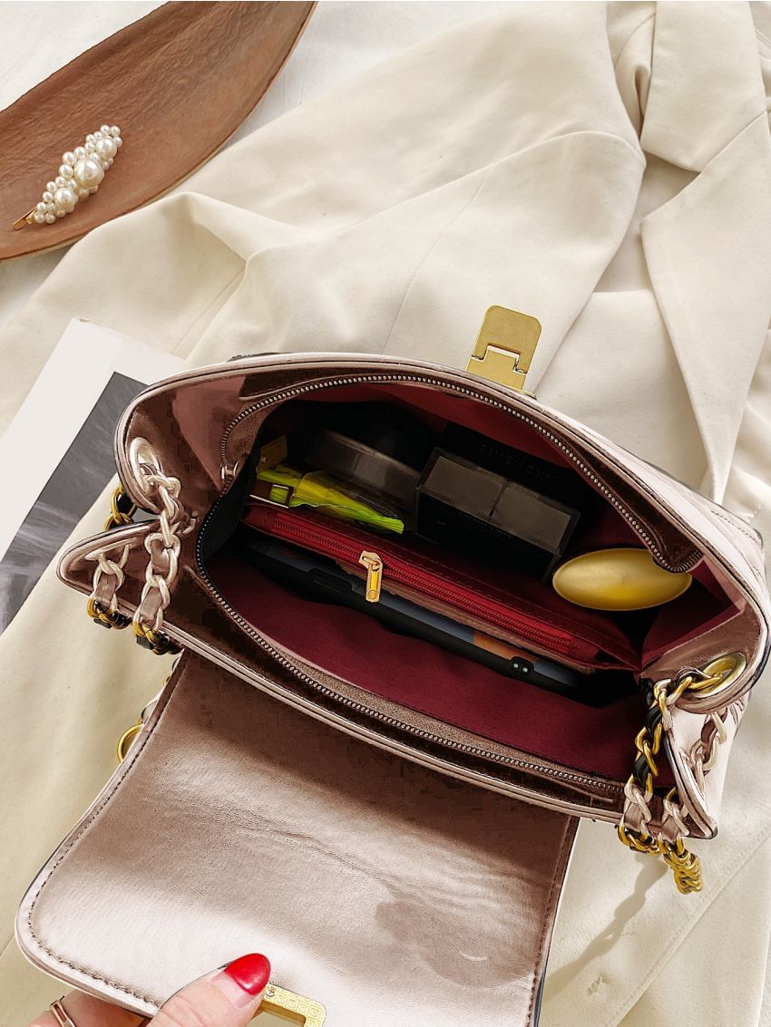 Mini Square Bag With Zipper Fashionable Argyle Pattern Chain Strap Flap For Daily Outdoor & Office