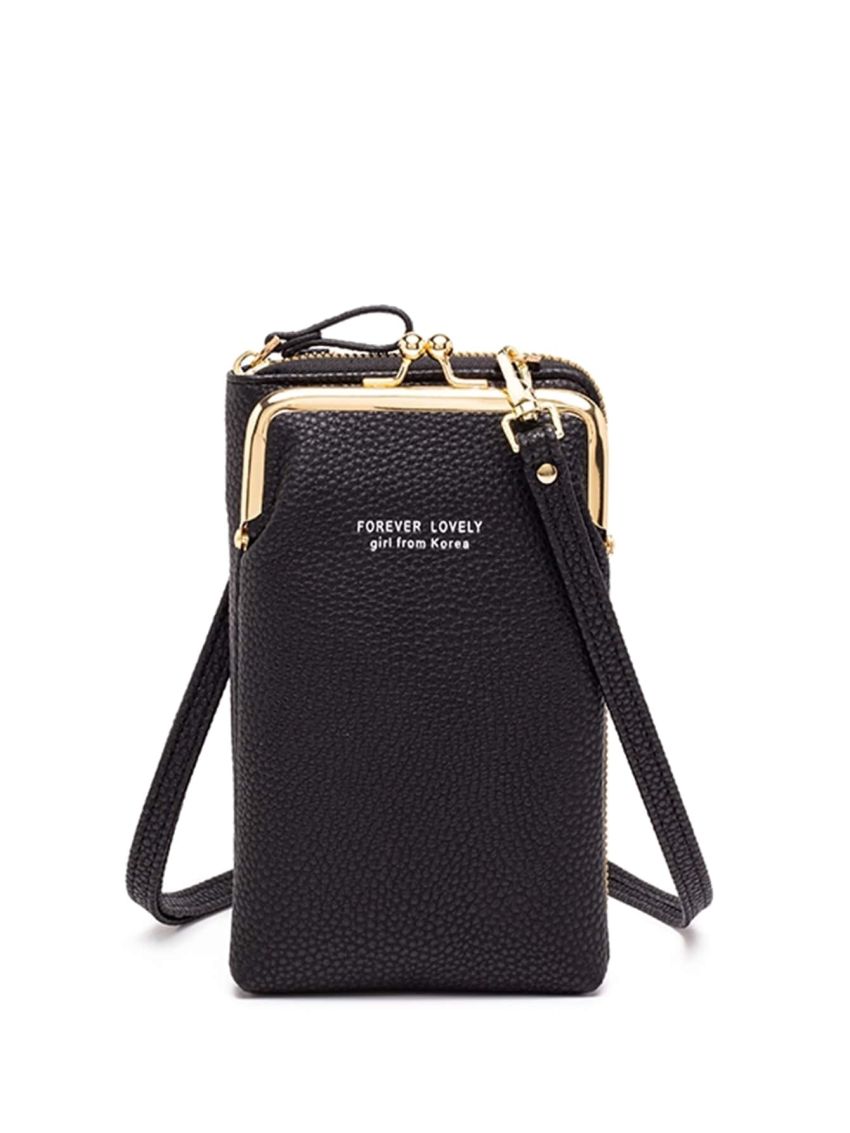 Small Phone Wallet Black Lightweight Multi-Compartment Kiss Lock Zipper Casual Plain For Daily Trip