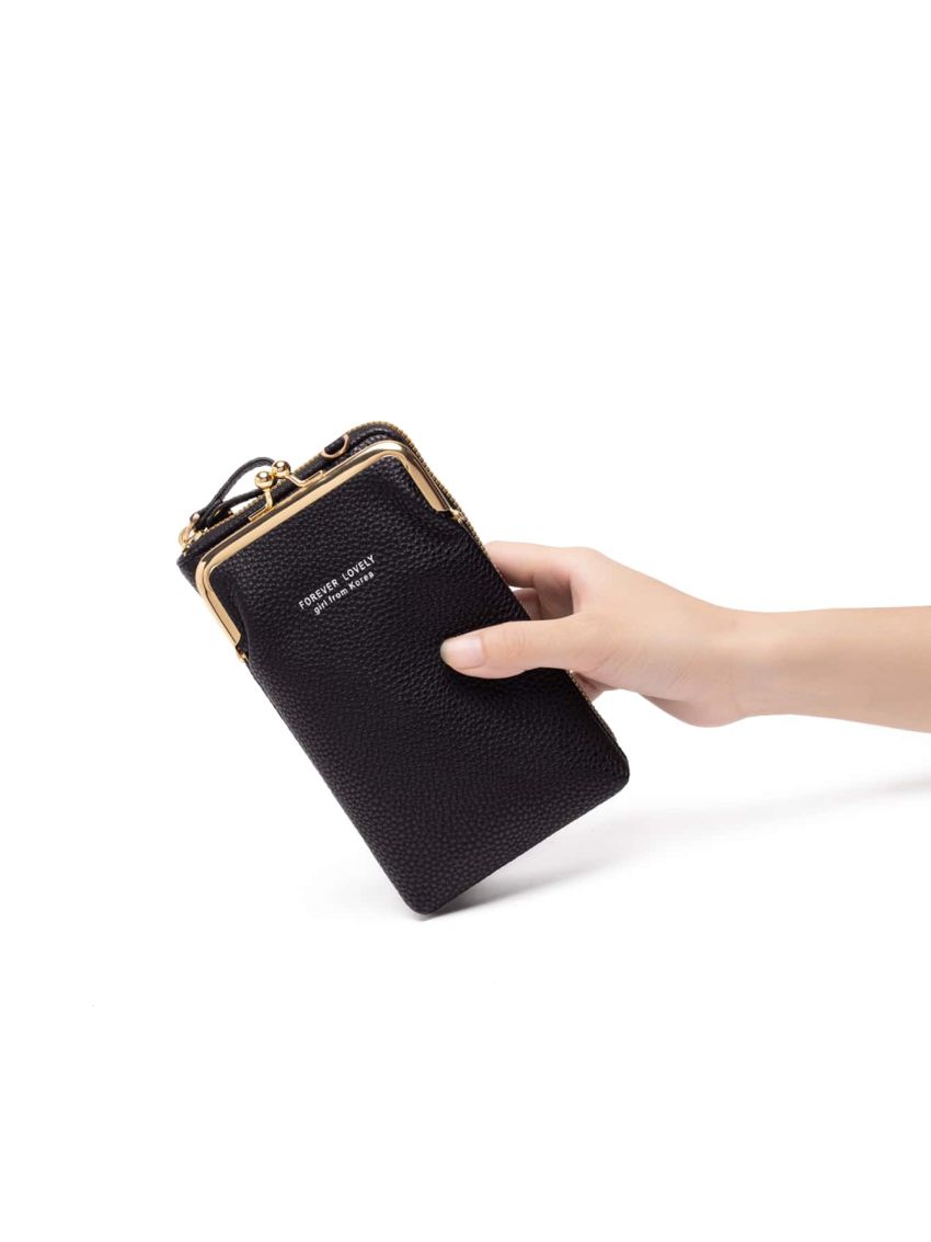 Small Phone Wallet Black Lightweight Multi-Compartment Kiss Lock Zipper Casual Plain For Daily Trip