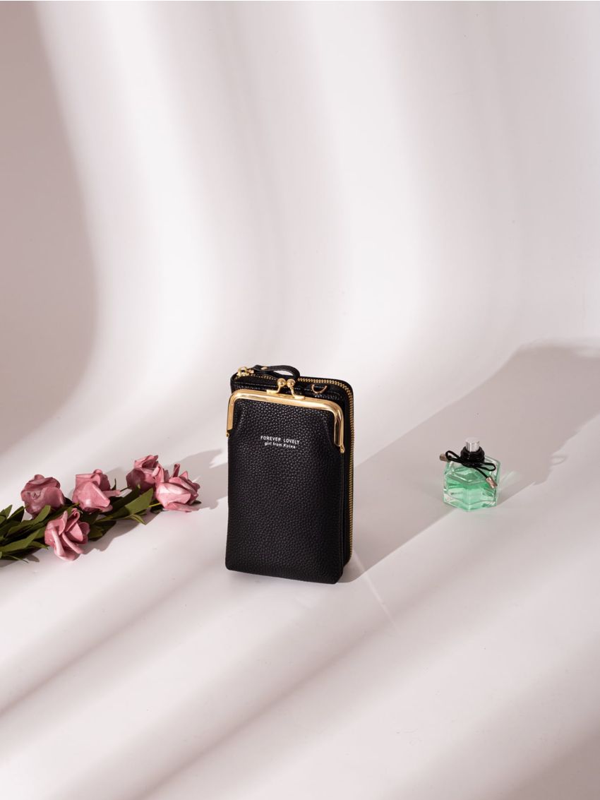 Small Phone Wallet Black Lightweight Multi-Compartment Kiss Lock Zipper Casual Plain For Daily Trip