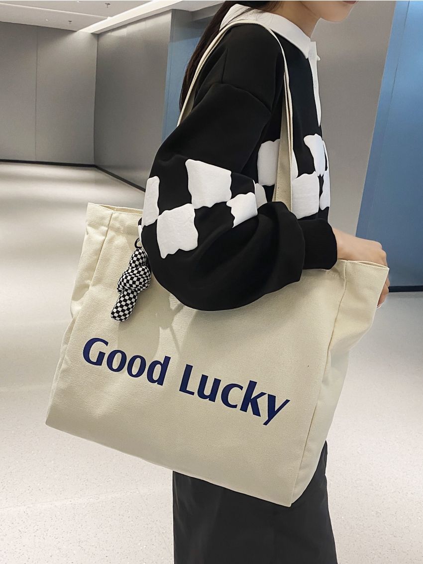 Medium Fabric Shoulder Tote Bag Preppy Letter Pattern With Zipper For School