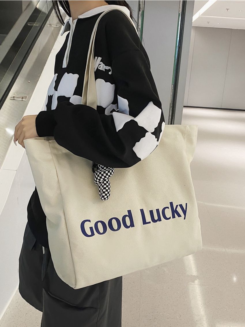 Medium Fabric Shoulder Tote Bag Preppy Letter Pattern With Zipper For School