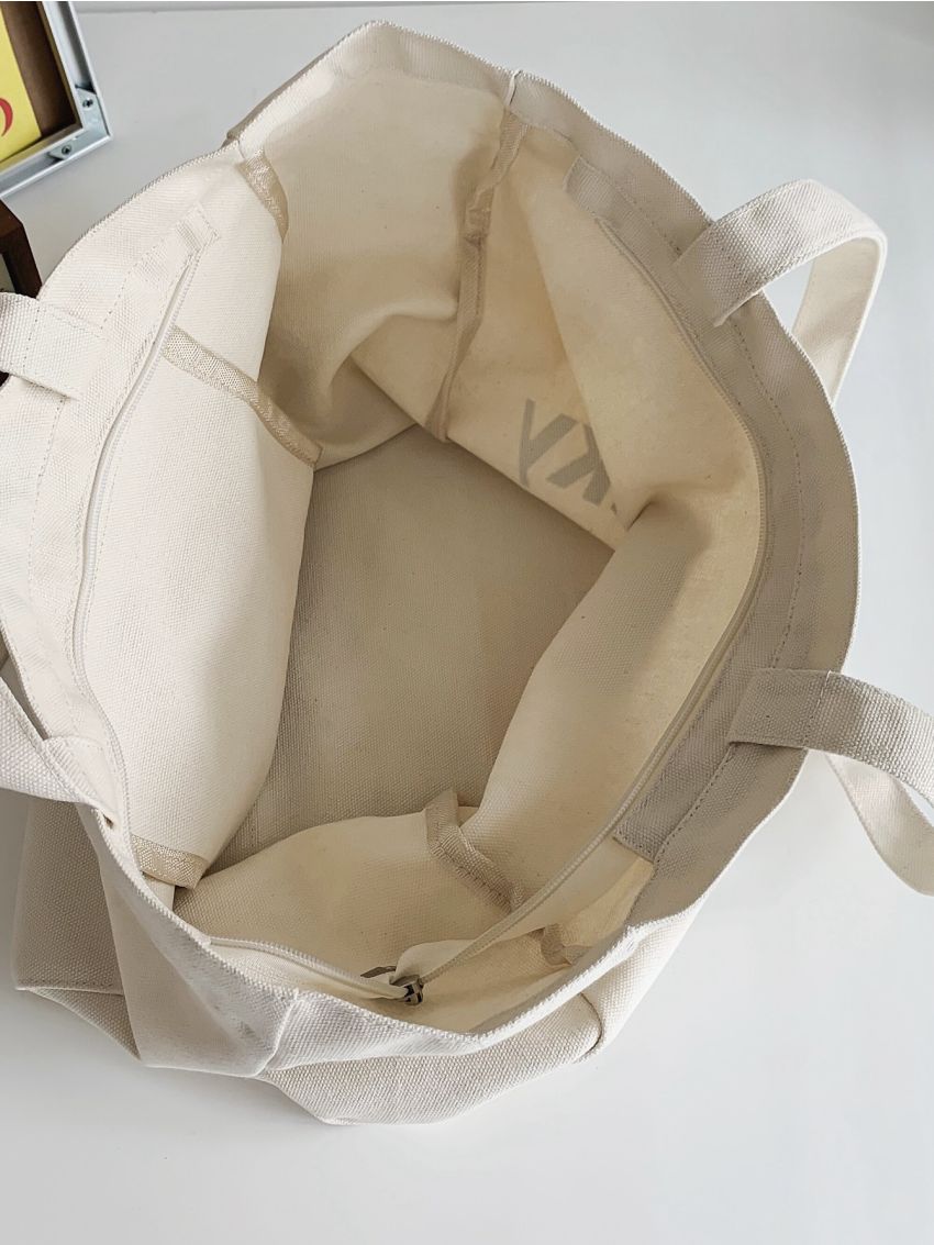 Medium Fabric Shoulder Tote Bag Preppy Letter Pattern With Zipper For School