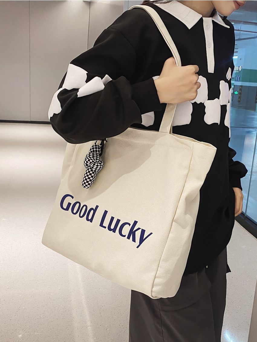 Medium Fabric Shoulder Tote Bag Preppy Letter Pattern With Zipper For School