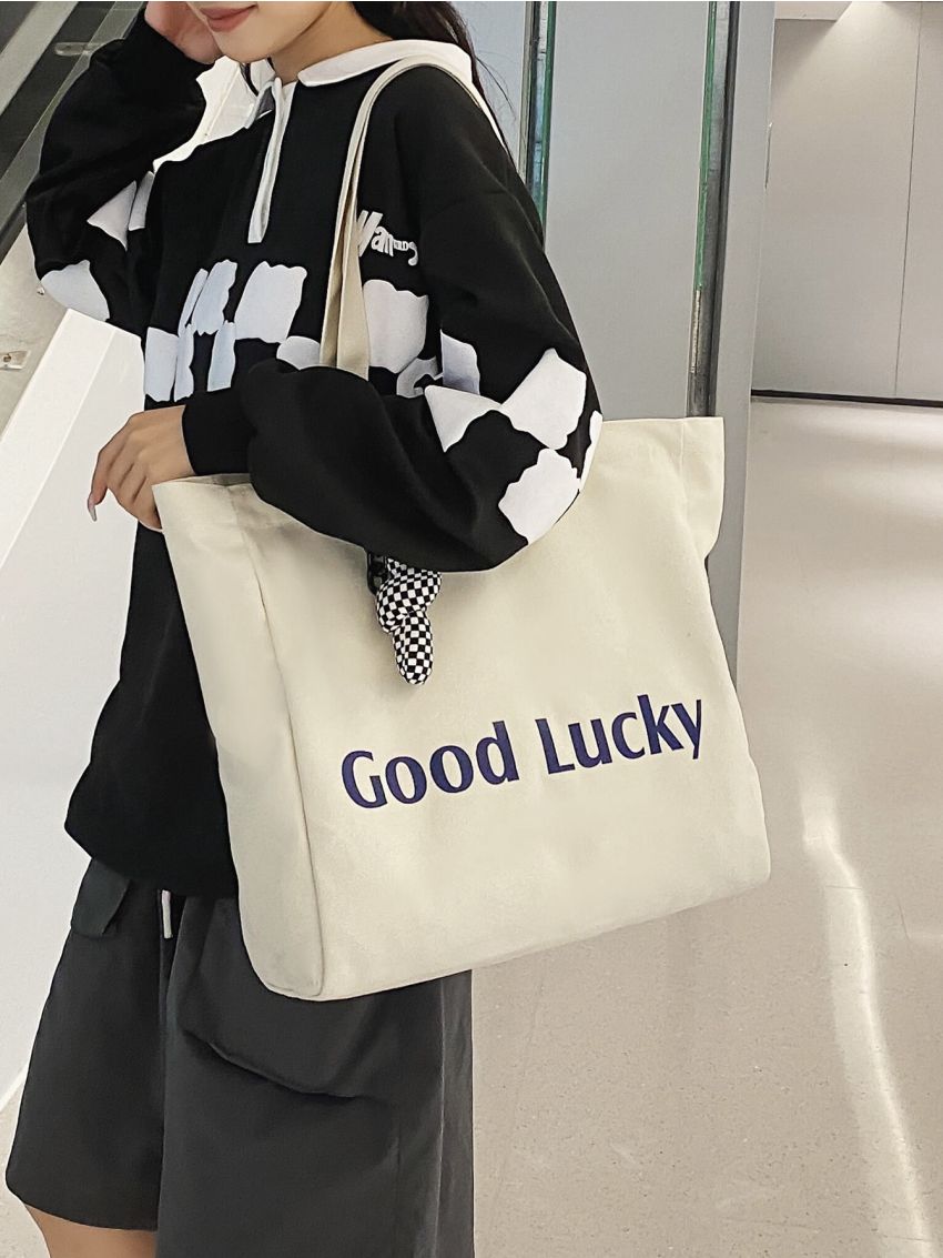 Medium Fabric Shoulder Tote Bag Preppy Letter Pattern With Zipper For School