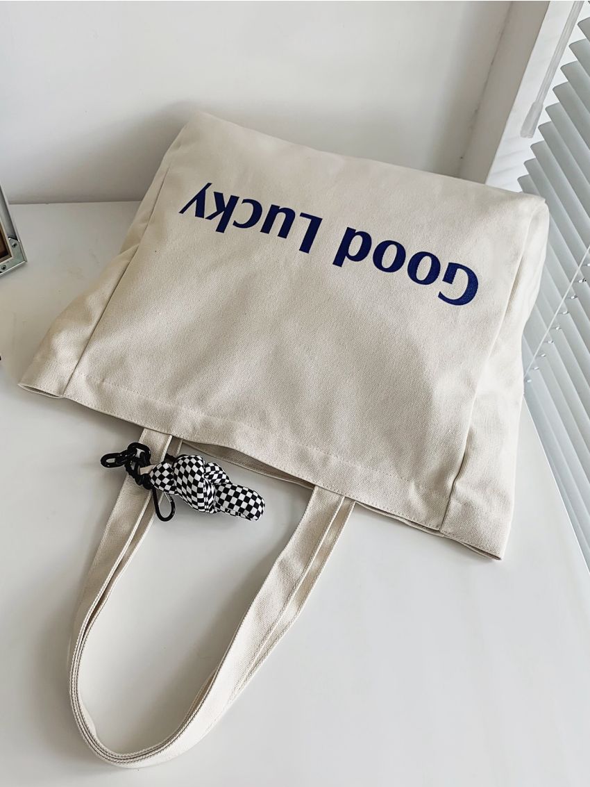 Medium Fabric Shoulder Tote Bag Preppy Letter Pattern With Zipper For School