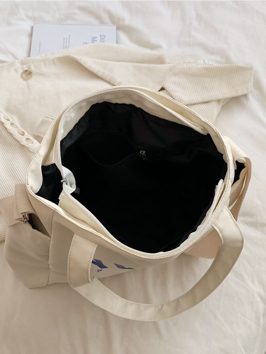 Large Shoulder Tote Bag Blue Letter High-Capacity With Adjustable Strap Preppy White For Work School Market Daily