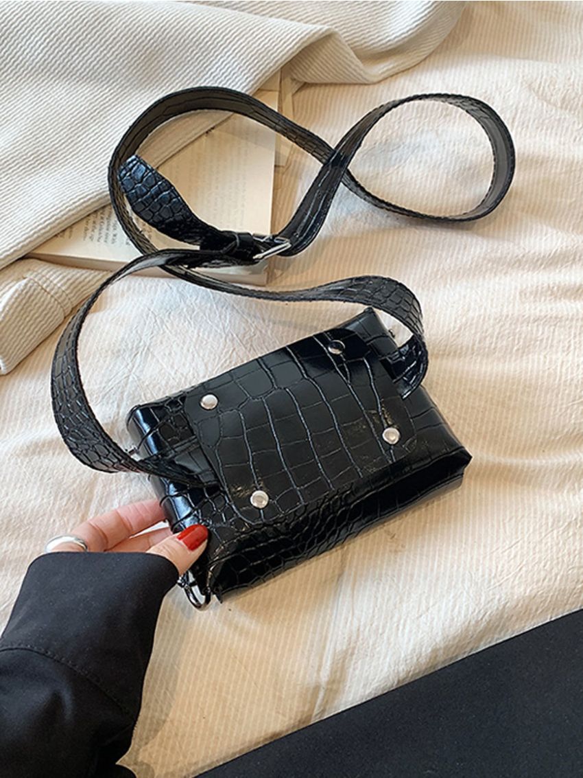 Mini Saddle Bag Funky Crocodile Printing Studded Decor Chain Strap Buckle Lock For Outdoor Travel