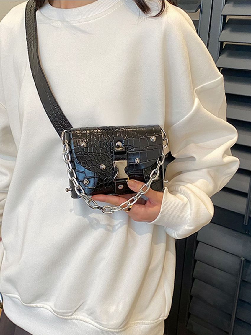 Mini Saddle Bag Funky Crocodile Printing Studded Decor Chain Strap Buckle Lock For Outdoor Travel