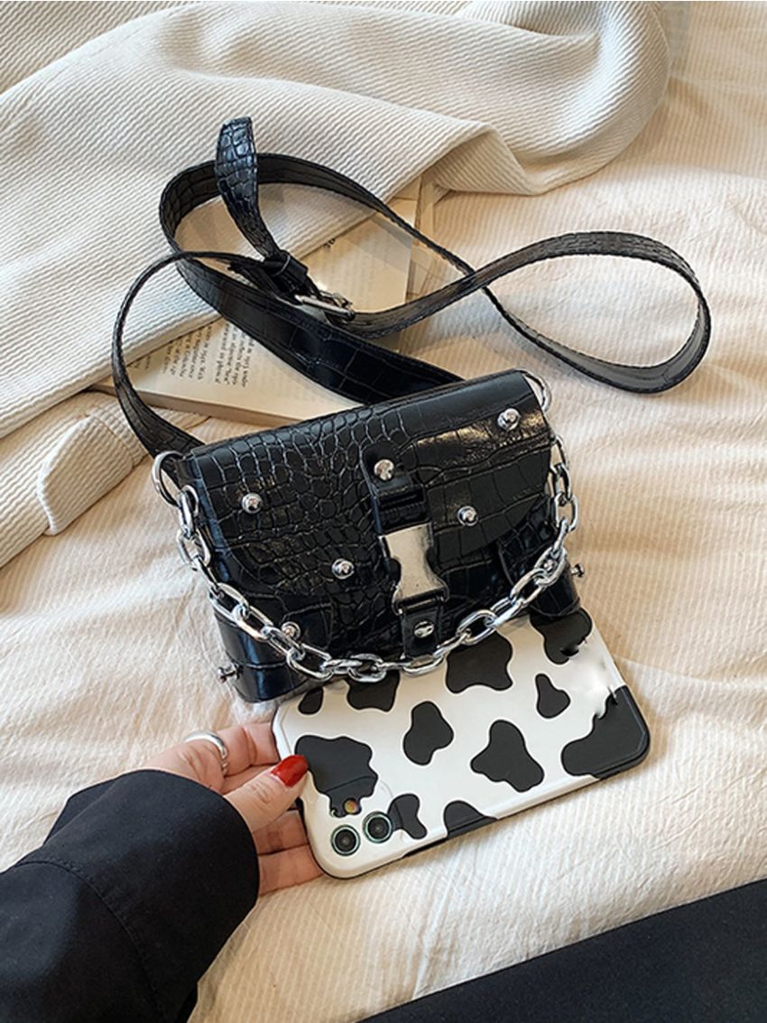 Mini Saddle Bag Funky Crocodile Printing Studded Decor Chain Strap Buckle Lock For Outdoor Travel