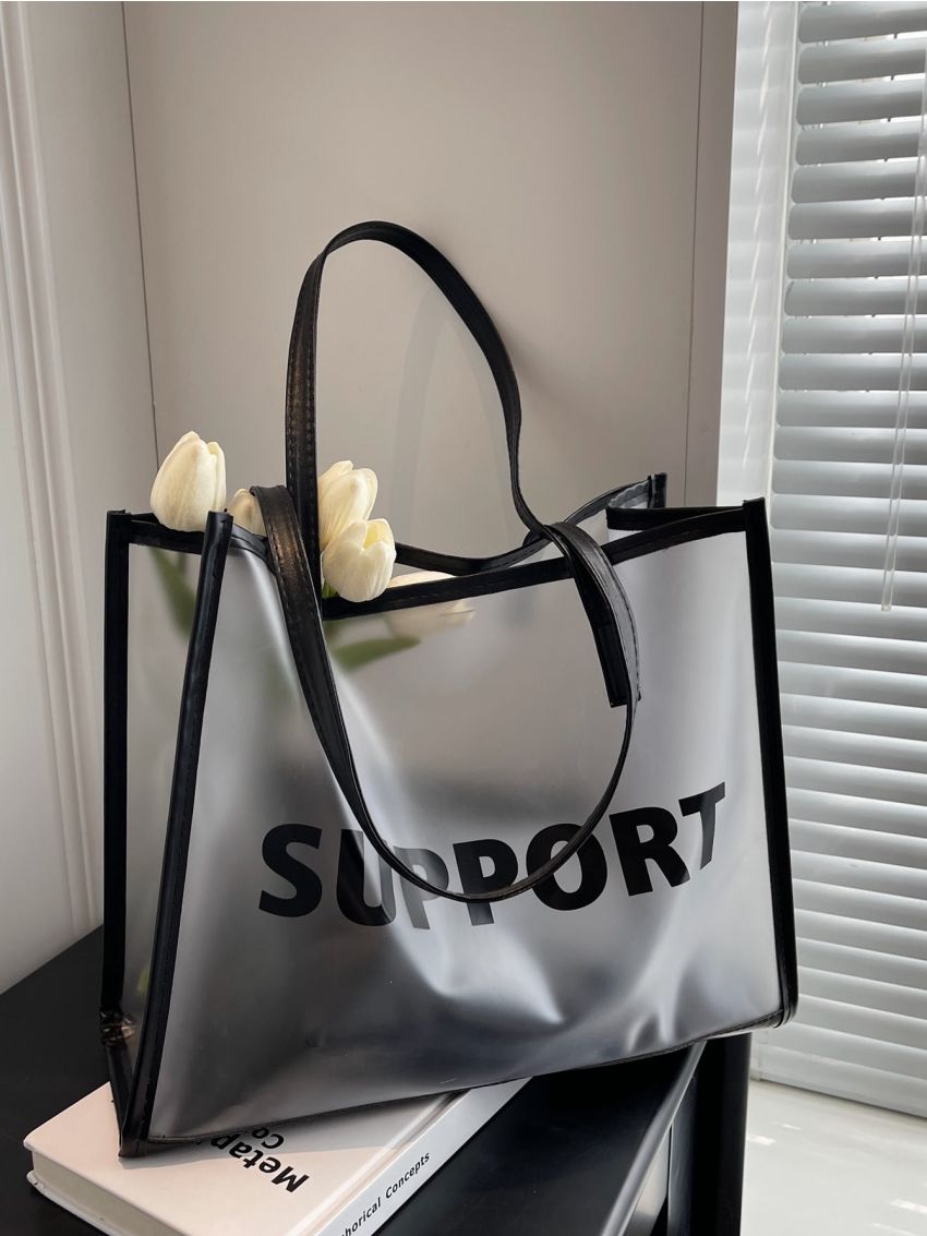 Medium Beach Bag SUPPORT Clear PVC Black Contrast Binding Waterproof Vacation For Pool Summer Gym Beach