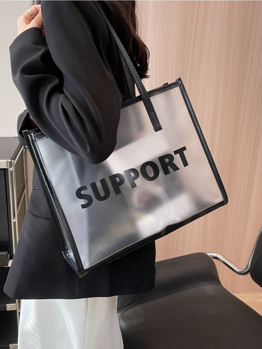 Medium Beach Bag SUPPORT Clear PVC Black Contrast Binding Waterproof Vacation For Pool Summer Gym Beach