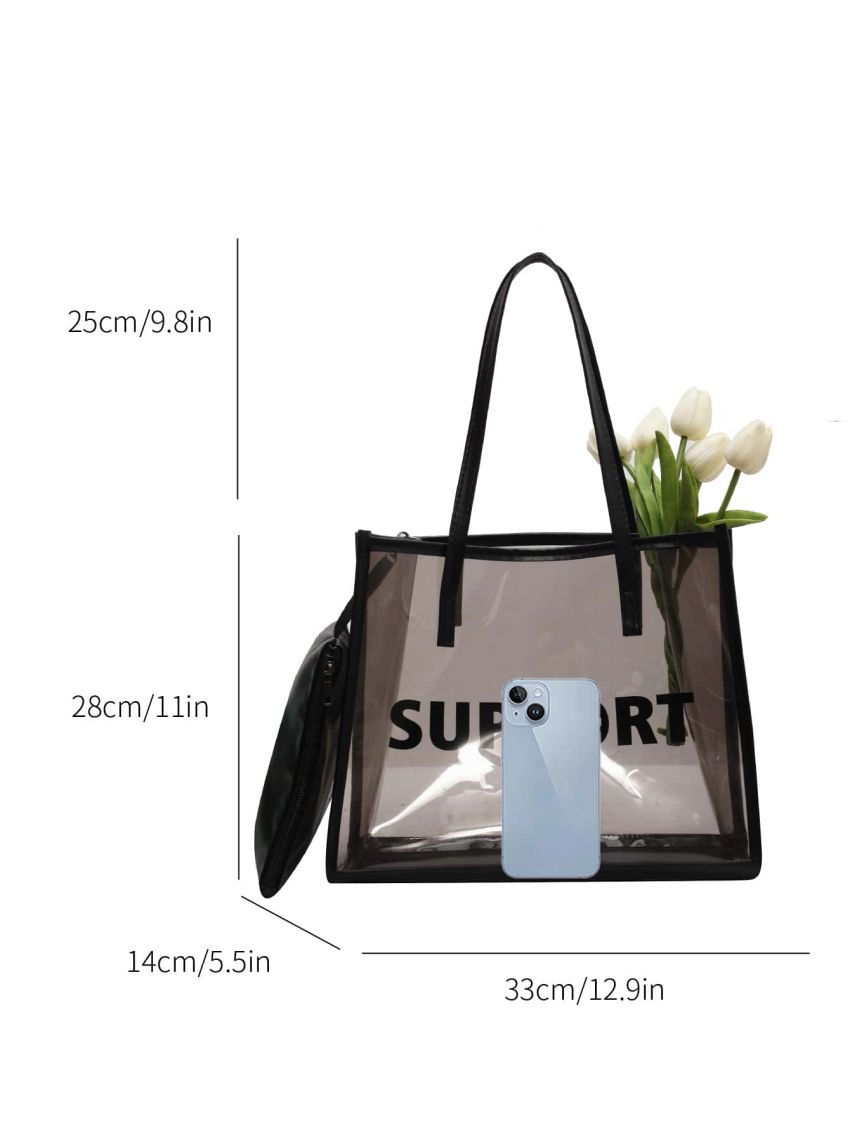 Large Shoulder Tote Bag With Insert Minimalist Letter Pattern Mesh No-Closure For Shopping