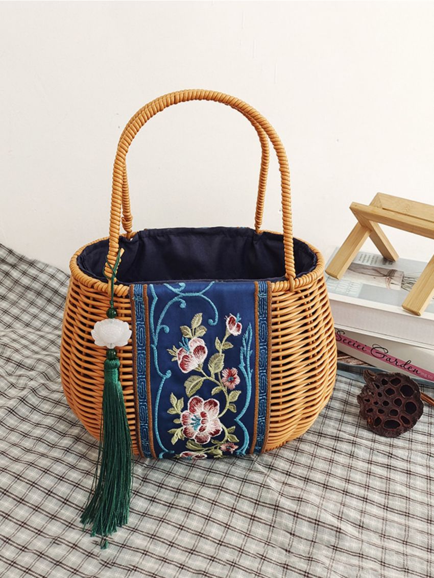 1pc PP Storage Bag, Bohemian Floral Embroidered Drawstring Design Household Storage Bag For Home