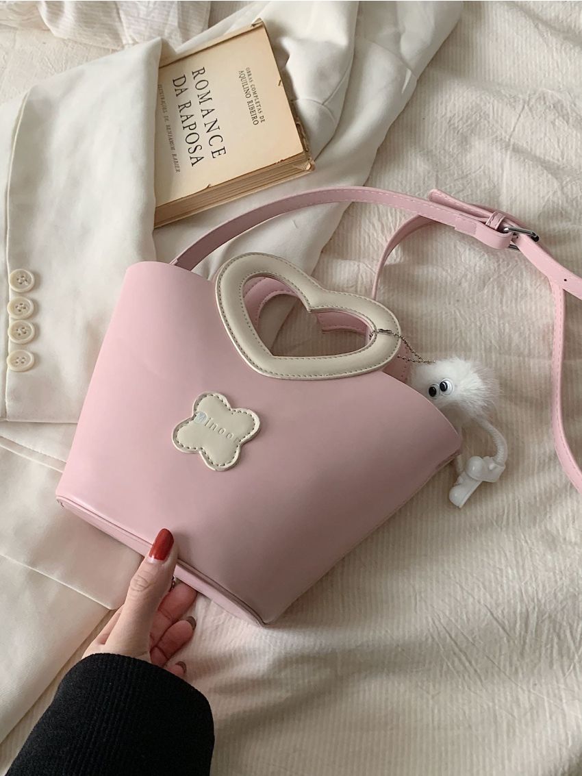 Heart Design Handle Square Bag Letter Patch Decor With Pom Pom Bag Charm