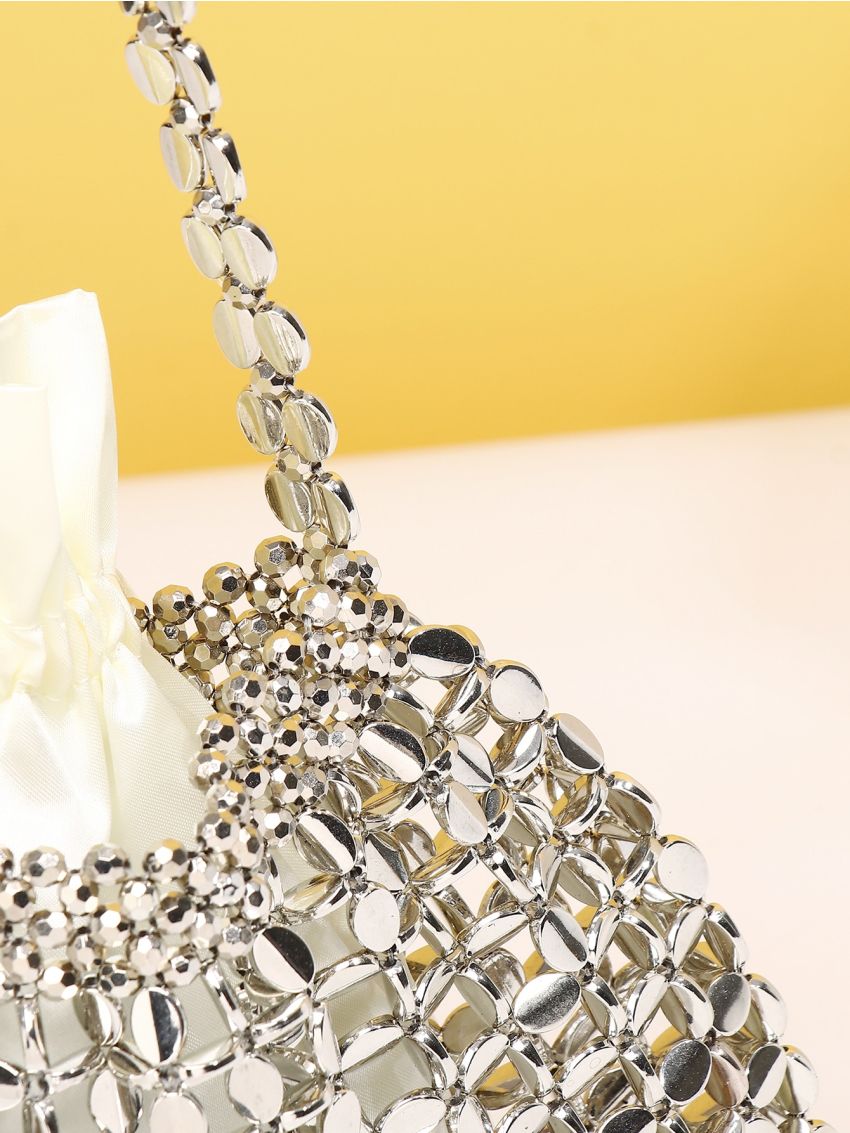 Metallic Beaded Bucket Bag With Drawstring Design Inner Pouch