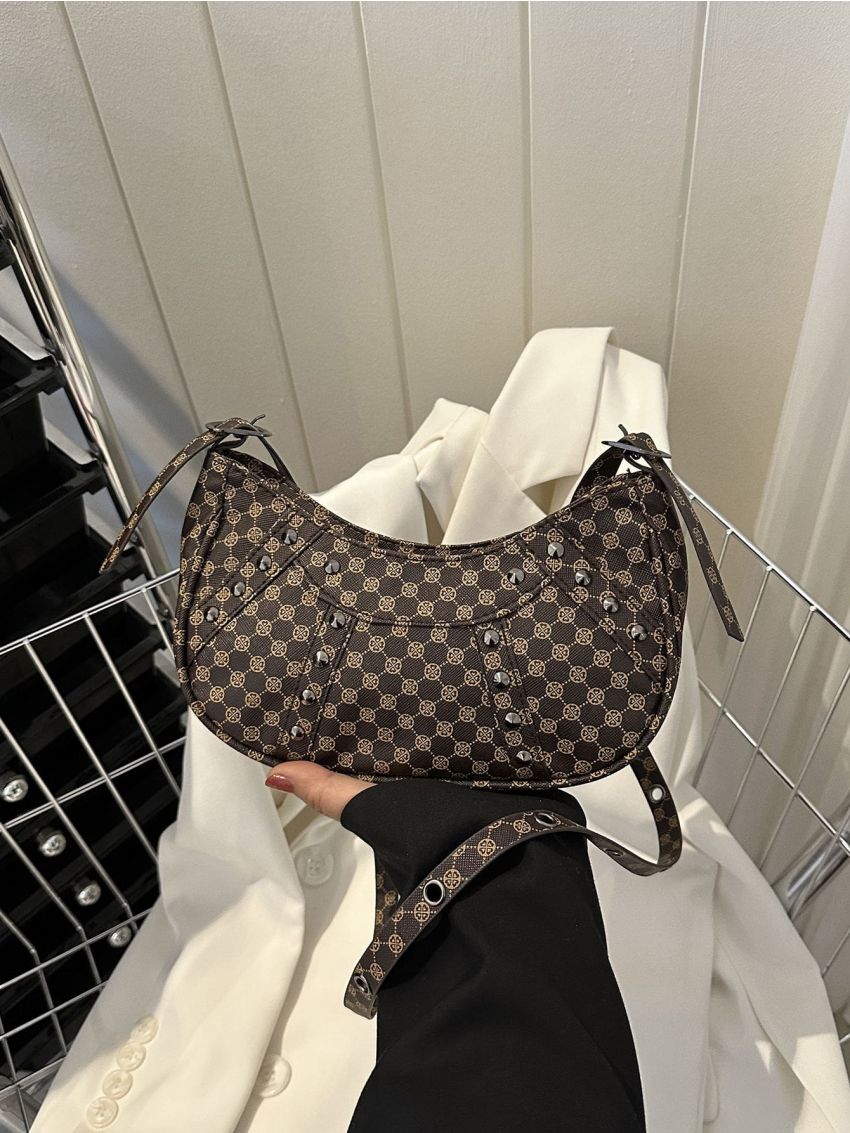 Small Hobo Bag Geometric Pattern All Over Print Studded Decor