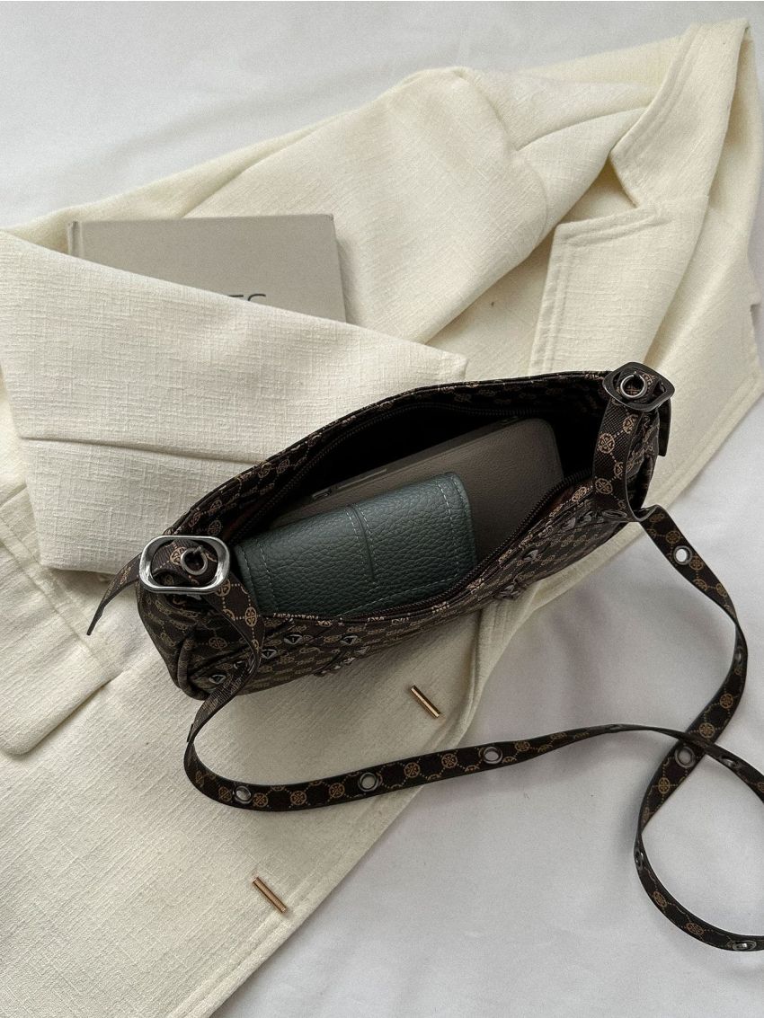 Small Hobo Bag Geometric Pattern All Over Print Studded Decor