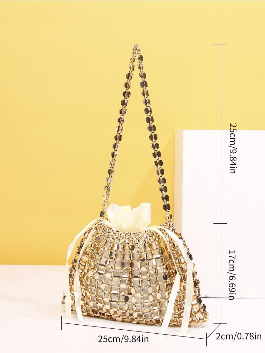 Metallic Beaded Bucket Bag With Drawstring Design Inner Pouch