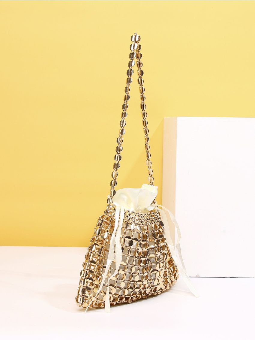 Metallic Beaded Bucket Bag With Drawstring Design Inner Pouch