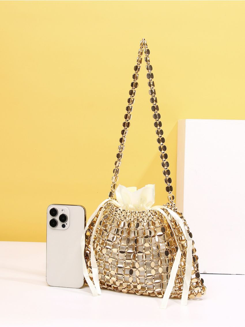Metallic Beaded Bucket Bag With Drawstring Design Inner Pouch