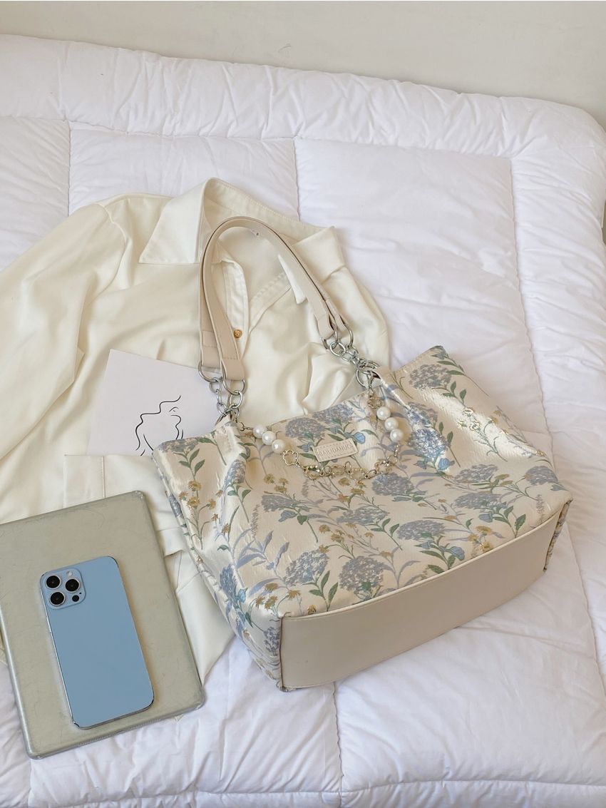Small Shoulder Tote Bag Floral Pattern Pearl & Chain Decor