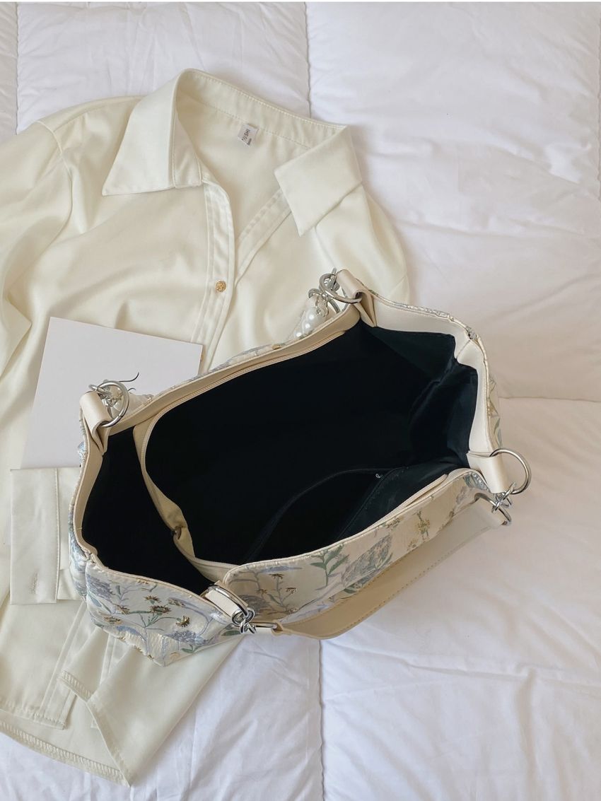 Small Shoulder Tote Bag Floral Pattern Pearl & Chain Decor