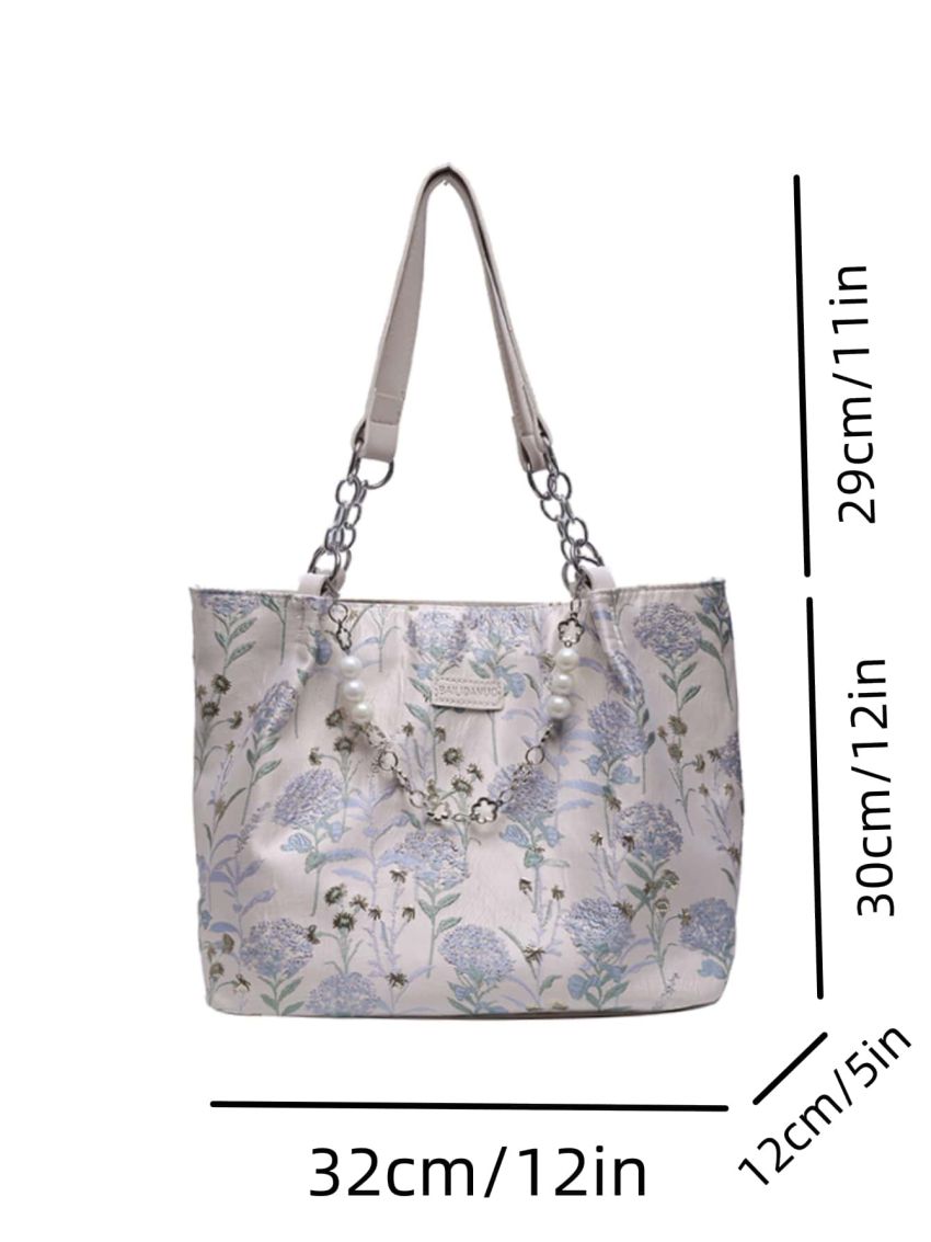 Small Shoulder Tote Bag Floral Pattern Pearl & Chain Decor