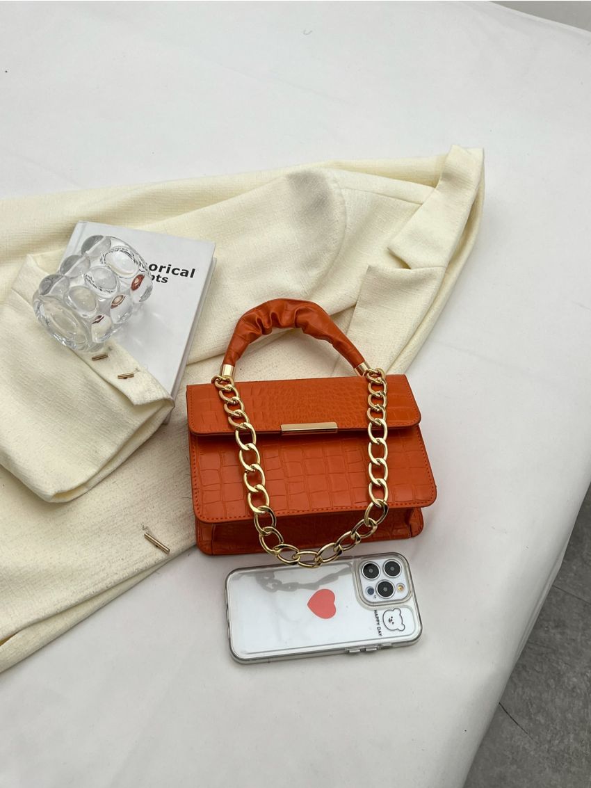 Crocodile Embossed Square Bag Chain Decor Small Neon Orange